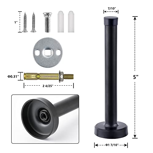 Door Stops, 5 Inch Long Door Stopper, Wall Mount, Heavy Duty Solid Black Doorstop Brushed Stainless Steel With Soft Rubber Bumper Tips #TOP1
