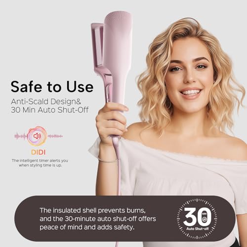 Image of Crimper Waver Tool LENA S17S for Short to Medium Hair, Compact Styler with Titanium Barrel, Fast Heating, Adjustable Temperature, Anti-Scald Design, Auto Shut-Off, Negative Ions, Pink