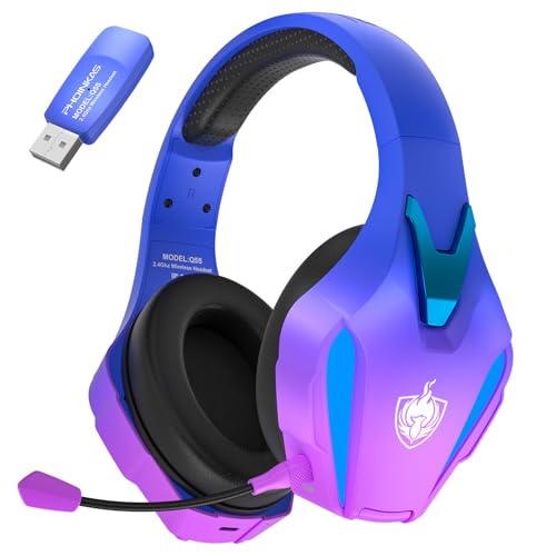 PHOINIKAS Casque Gaming, 2,4 GHz Casque Gaming sans Fil pour PS5, PS4, PC, Casque avec Micro, 7.1 Son Surround, Lumières LED, Casque Gamer pour Switch, Mac, Mobile (Violet)