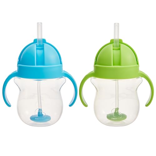 Image of Munchkin Any Angle Sippy Cups for Toddlers, Spill Proof Weighted Straw Cup with Transition Handles for Babies 6 Months and Up, 2 Pack, Blue/Green