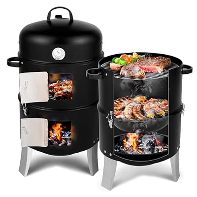 16.5 Inch Charcoal Smoker for Meat, Vertical Smoker Grill, Small Smoker for Backyard, Patio and Parties | 4-in-1 BBQ Smoker with Built-In Thermometer, Adjustable Air Vent, 2 Cooking Racks