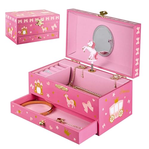GOLXUWO Joyero Musical Unicornio para Niñas con Unicornio Giratorio y Espejo - Regalo de Cumpleaños y Navidad para Niñas 3-10 años(Rosa)