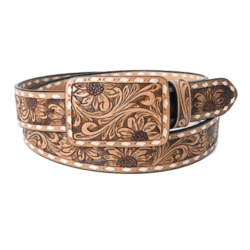 American Darling Large Beautifully Hand Tooled Tan Genuine Leather Belt Men and Women Western with Removable Buckle