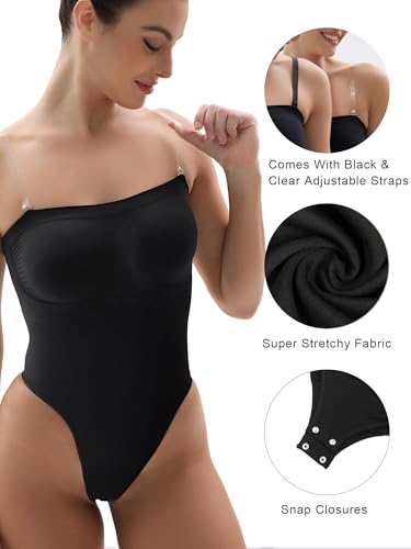 Image of SHAPERX Strapless Bodysuit for Women Tummy Control Seamless Shapewear Thong Body Shaper with Invisible & Removable Straps