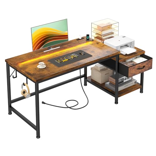 Image of 48.1''Gaming Computer Desk with A Reversible Printer Shelf, Built-in Power Outlets & LED Lights, Desk with Drawer and Headphone Hook for Gaming,Craft Working and Studying in Bedroom, Dorm,Rustic Brown