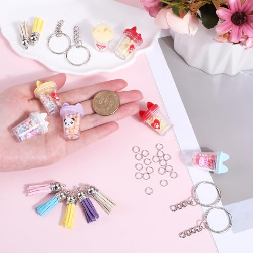 SUNNYCLUE 50Pcs DIY 10Sets Milk Tea Charms Faux Suede Tassels Large Boba Tea Cat Charm Keychain Making Kit Resin Bubble Tea Key Chain Split Rings for Keychains Making Supplies Bag Purse Decoration - Image 3