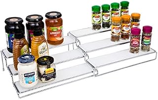 Amtido Spice Rack | Inside Kitchen Cupboard Organiser | Free Standing 3 Tier Expandable Shelves Stand | Pantry Holder for Herbs, Seasoning, Spice Jars Bottles Storage | Chrome