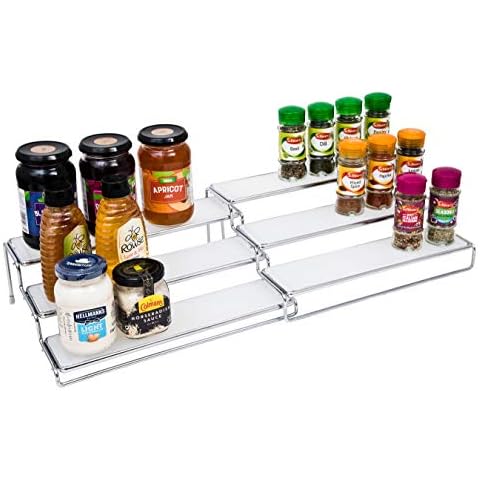 Amtido Spice Rack | Inside Kitchen Cupboard Organiser | Free Standing 3 Tier Expandable Shelves Stand | Pantry Holder for Herbs, Seasoning, Spice Jars Bottles Storage | Chrome Cover