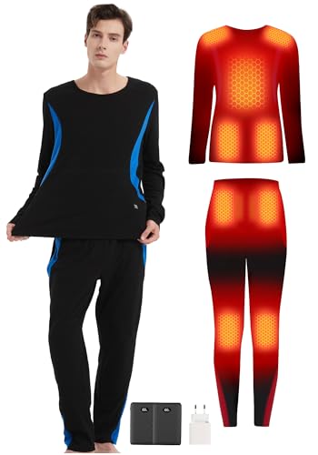 CYCYHEAT Set Ropa Interior Calefactable Hombre con Batería 10000mAh USB, Ropa Térmica Eléctrica con 3 Niveles de Temperatura Ajustable (Azul, M)