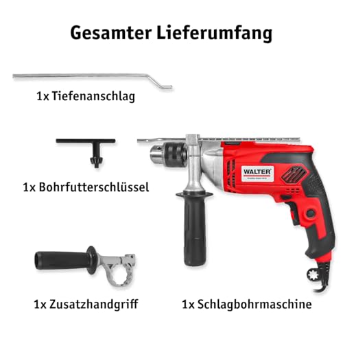 WALTER Schlagbohrmaschine 910W – Bohrhammer mit variabler Drehzahl 0–2800/min | Holz 25mm Beton 16mm Metall 13mm | Tiefenanschlag | 2,33 kg | Heimwerker & Profi – Bild 4