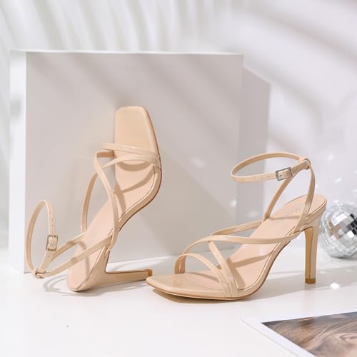 Image of Mostrin Strappy Heels for Women Square Open Toe Lace Up Heeled Sandals Ankle Strap Sexy Stiletto High Heels for Party, Prom, Dating, Wedding