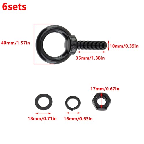 Image of Antrader Lifting Shoulder Eye Bolts,Black Eye Bolt,M10 x 35mm,Black,6 Sets | Heavy Duty Lifting Ring Threaded Eyebolts with Lock Nuts,Lock Washers,Flat Washers