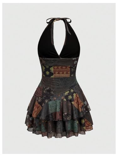 SOLY HUX Women's Vintage Halter Deep V Neck Ruffle Mini Dress Layered Flowy Sundresses Festival Rave Outfits2