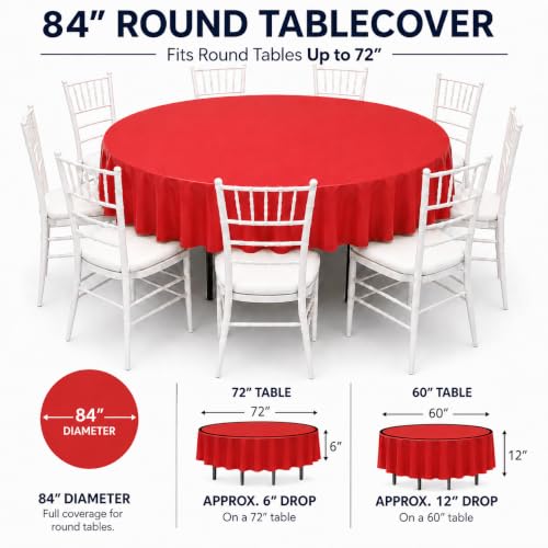 Image of Party Dimensions Red Disposable Plastic Tablecloth, Round, 84 inch, 12 Pack | Disposable Waterproof Table Cover for Birthdays, Weddings, Graduations, Picnics & BBQs, Indoor /Outdoor, Fits Tables up to 72 inch