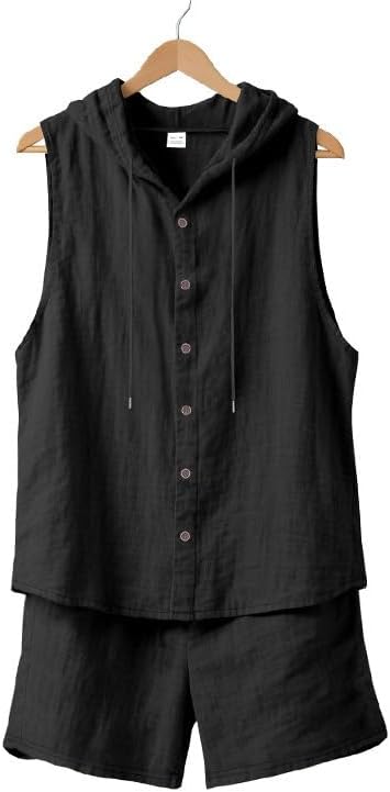 crazynekos Men Linen Feeling Sets Outfits Sleeveless Hoodies 2 Piece Short Set Beach Tank T Shirts Solid Sets