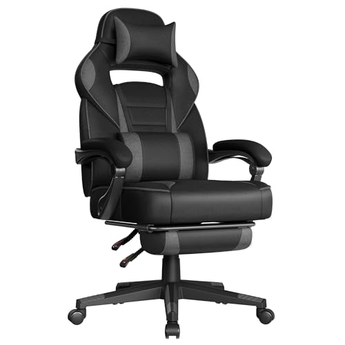 SONGMICS Fauteuil de Bureau, Chaise Gaming, Réglable, Repose-Pieds Télescopique, Mécanisme à Bascule, Appui-Tête, Support Lombaire, Charge 150 kg, Noir d'encre et...