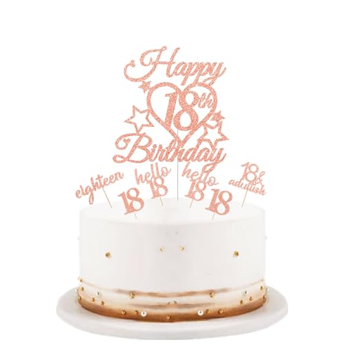 bng-bng 18th Birthday Cake Toppe Rose Gold Glittery Happy 18th Birthday Cake Cupcake Toppers For Girls 18 Eighteen Years Old Birthday Party Supplies Decorations
