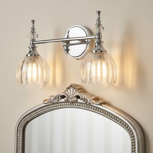 Image of ANDY STAR 2-Light Chrome Bathroom Vanity Light, Transitional Sconce | Ribbed Glass & Crystal Accent, Damp-Resistant, Ceramic E12 Base, Reversible Up /Down Mounting