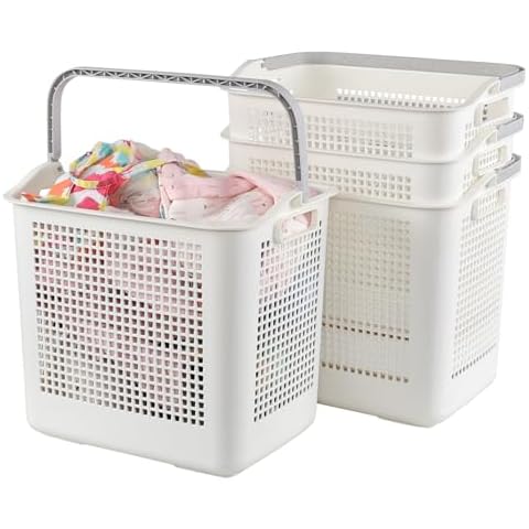 Neadas 4 Packs 42 L Plastic Laundry Hampers with Handles, Plastic Storage Baskets, White Cover