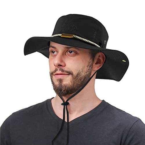 Muryobao Mens Summer Sun Hat Outdoor Upf50+ Uv Protection Wide Brim Bucket Hats Waterproof Quick Dry Boonie Cap For Fishing Hiking Garden Safari Black #TOP5