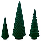 DN DECONATION Set of 3 Flocked Velvet Christmas Trees, Green Tabletop Xmas Tree Decor with Pine, Swirl & Wave Designs Mini Christmas Figurines for Mantel, Desk, Holiday Centerpiece