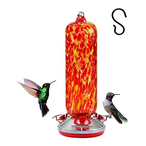28oz Glass Hanging Hummingbird Bird Feeder for Wild Bird, Garden Decoration Unique Gardening Gifts for Wild Bird Watchers and Children, Easy to Install Clean Refill, Include Hook (Flame Color) Cover