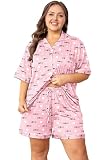 Vozanet Women's Plus Size Button Down Pajamas Soft Lounge Sets Shorts with Pockets Bride Nighty Solid Soft Pjs 1x to 5x, LOVE Hearts, 2X-Large