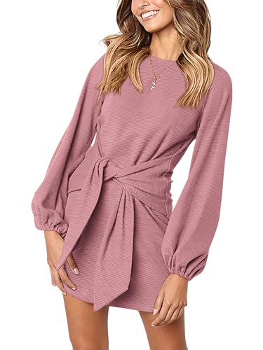 Image of PRETTYGARDEN Womens Spring Elegant Long Lantern Sleeve Short Dress Wedding Guest Crewneck Tie Waist Knit Cocktail Dresses