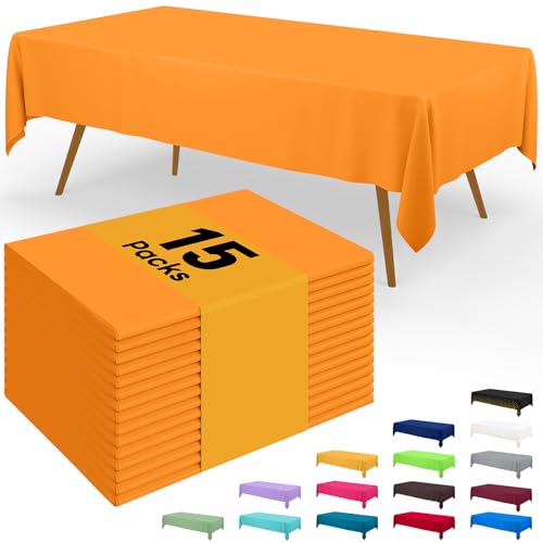 Image of Smiry Disposable Table Cloth - 15 Pack, 54 x 108 Inch Waterproof Rectangle Tablecloths for Parties, Decorative Plastic Table Cover, Leakproof & Sturdy, Orange