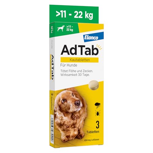 AdTab Hunde Zecken- und Flohschutz (über 11 bis 22 kg), Kautablette tötet Zecken und Flöhe schnell ab und schützt einen Monat lang, leicht zu verabreichen (3 St. pro Packung)