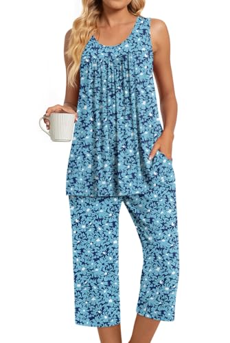 Image of TAOHUADAO Womens Summer 2 Piece Pajama Sets, Sleeveless Tops with Capri Pants, Lounge Ladies Pjs Sets with Pockets
