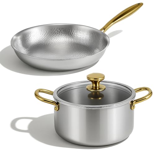LemonRoad 2 Pieces Titanium Cookware Set, 11'' and 9.45'' Pots and Pans with Lids Triply Titanium No Coat Technology Safe for Oven, Induction and Cook Tops, Dishwasher Safe (Pan and Soup Pot)