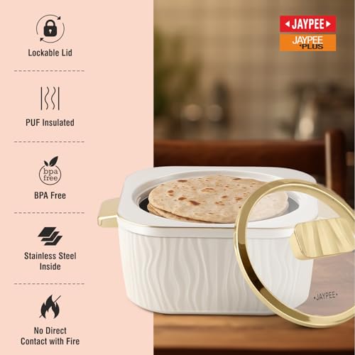 Image of JAYPEE Crinkle Klass Inner Stainless Steel Casserole Set of 3(1000+1500+2000) ml PUF Insulated Gold Finish Handle Lockable Lid BPA Free Hot Box for Kitchen Roti Box Hot Pot Serving Casserole,White