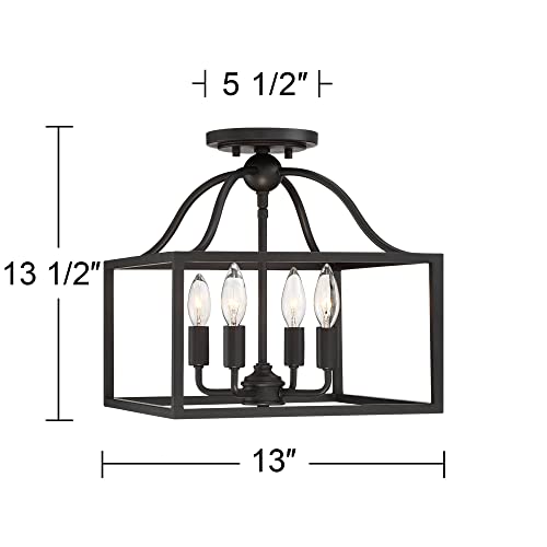 Franklin Iron Works Elle Farmhouse Rustic Close To Ceiling Light Semi-Flush Mount Fixture Black 13" Wide 4-Light Open Square Cage For House Bedroom Hallway Living Room Bathroom Dining Kitchen #TOP3