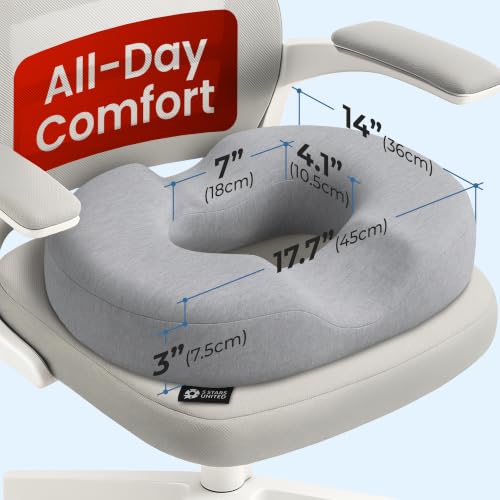 Image of 5 STARS UNITED Donut Pillow for Tailbone Pain & Hemorrhoids - Large Memory Foam Seat Cushion for Bed Sore-Prone Areas & Pressure Relief - Prostate, Postpartum & Pregnancy Support, Gray Cotton Cover