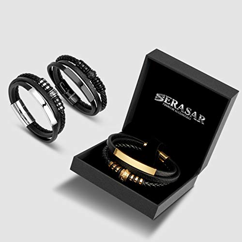 Serasar Gold Bracelets For Men 17Cm Gold Bracelet Gift-Box Genuine-Leather Cowhide Braided Adjust-Able Magnetic-Clasp Multi-Layer Wrap Rope Man Mans Male Boy Boys Band Jewelry Magnet Accessories #TOP6