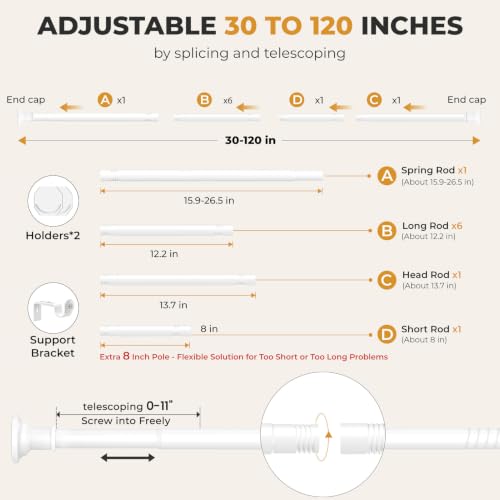 Image of Heavy Duty White Shower Curtain Rod 30-120 In AdjustableTension Curtain Rod | No Drilling for Windows Bathroom Outdoor Closet 1.1 inch Dia Spring Stainless Steel Rustproof Anti-Slip Easy Installation