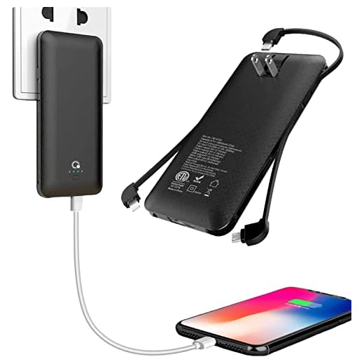 10000mAh Portable Charger, Ultra Slim Power Bank,4 Output and Dual Input External Battery Pack with Built-in AC Wall Plug Micro USB Type C Three Cables with USB Output Compatible with All mobilephone