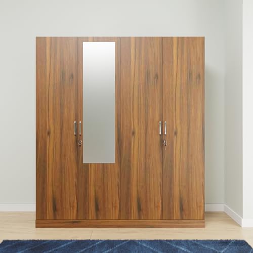 Image of VIKI Wardrobe | Wooden Almirah for Clothes,Door for Bedroom, 4 Door Wardrobe with Shelves, Mirror & Hanging Space (Brussel Walnut - 40D x 160W x 180H) | 1 Year Warranty | Free Assembly