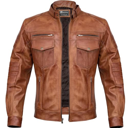 Image of Men Cafe Racer Motorcycle Style Solid Leather Jacket Slim Fit Motorcycle Brown Cafe Racer Leather Jacket