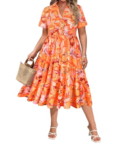 Image of CARCOS Plus Size Dresses for Curvy Women Collared Vneck Short Sleeve Dresses Midi Summer Ruffle Dress with Pocket XL-5XL