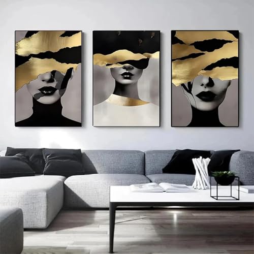 Impression sur toile tête femme or noir | Art mural abstrait 20x35 cm