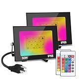 GANGZHIZI LED Flood Light Outdoor, 30W Color Changing RGB Flood Light, IP66 Waterproof Outdoor Landscape Lights Stage Lights, 3000LM Uplighting for Party, 2Pack