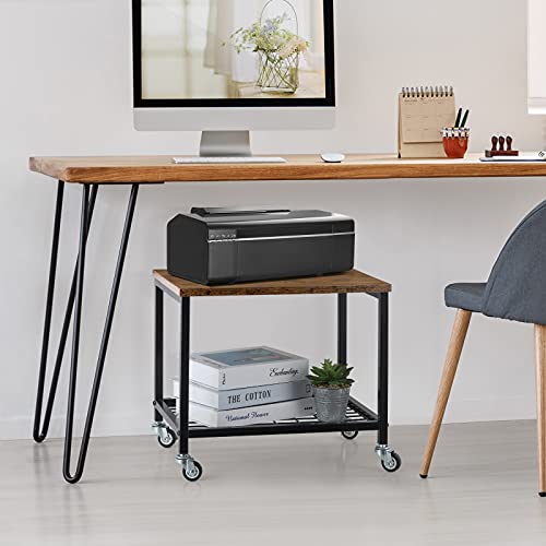 Pinter Rolling Cart Under Desk Mobile Printer Stand Wood 2 Tier Industrial Printer Table with Wheels for Fax Machine, Copier, Scanner in Home Office, Brown and Black