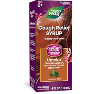 Nature’s Way Cough Relief Syrup, Umcka, Chest Congestion, Sore Throat, Cough, Hoarseness, Phenylephrine Free, Homeopathic, Non-Drowsy, 4 Fl Oz (Packaging May Vary)