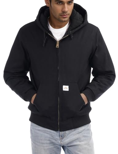 Men's Loose Fit Quilted Flannel Lined Workwear Waterproof Active Jacket Hooded Work Coat