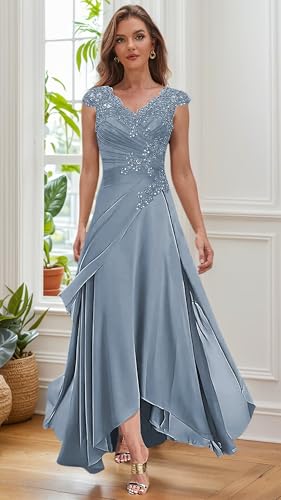High Low Mother of The Bride Dresses for Women Tea Length Formal Dress with Cap Sleeve Sequin Evening Gown4