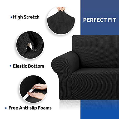 KEKUOU Stretch Oversized Sofa Slipcover 1 Piece Couch Sofa Cover (94"-110") Furniture Protector 4 Seater Sofa with Elastic Bottom for Kids,Pet.Jacquard Checked Pattern Fabric(X Large,Black)