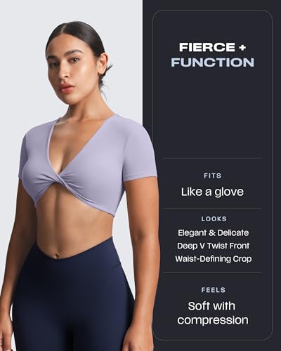Image of Aoxjox Short Sleeve Crop Tops for Women Sienna Twist Deep V Workout Cropped T Shirt Top (Purple Heather, Small)