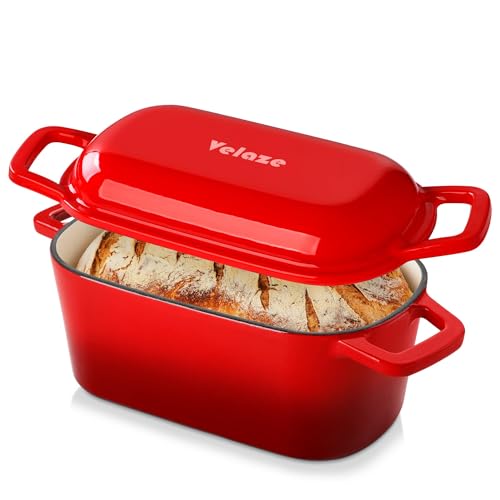 Velaze Cocotte Fonte Émaillée 3.4L - Casserole à Pain Rouge avec Couvercle pour Induction, Marmite Antiadhésive Intérieur Crème - Cocotte Fonte...